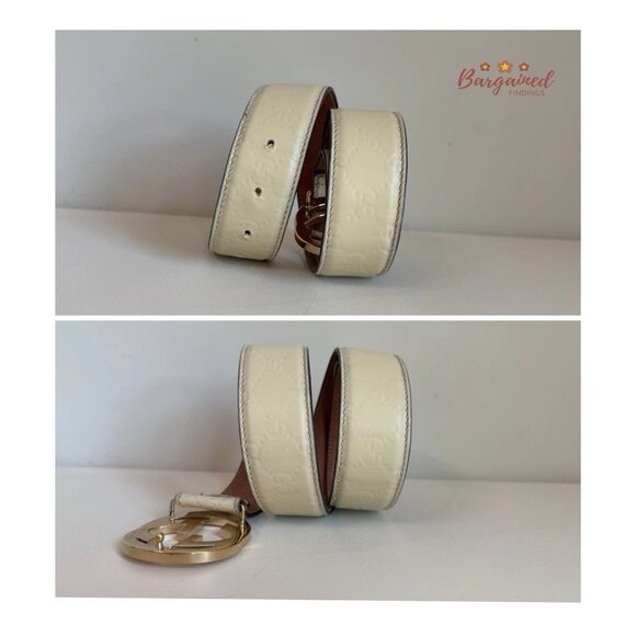 Authentic Gucci Cream Guccissima Leather Gold Interlocking G Buckle Belt 80/32 - Picture 8 of 12